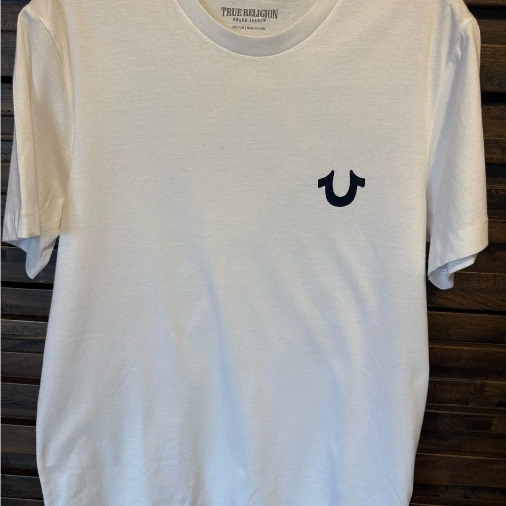 True Religion Buddha White Yellow Flocked Fuzzy Graphic T Shirt MED‎